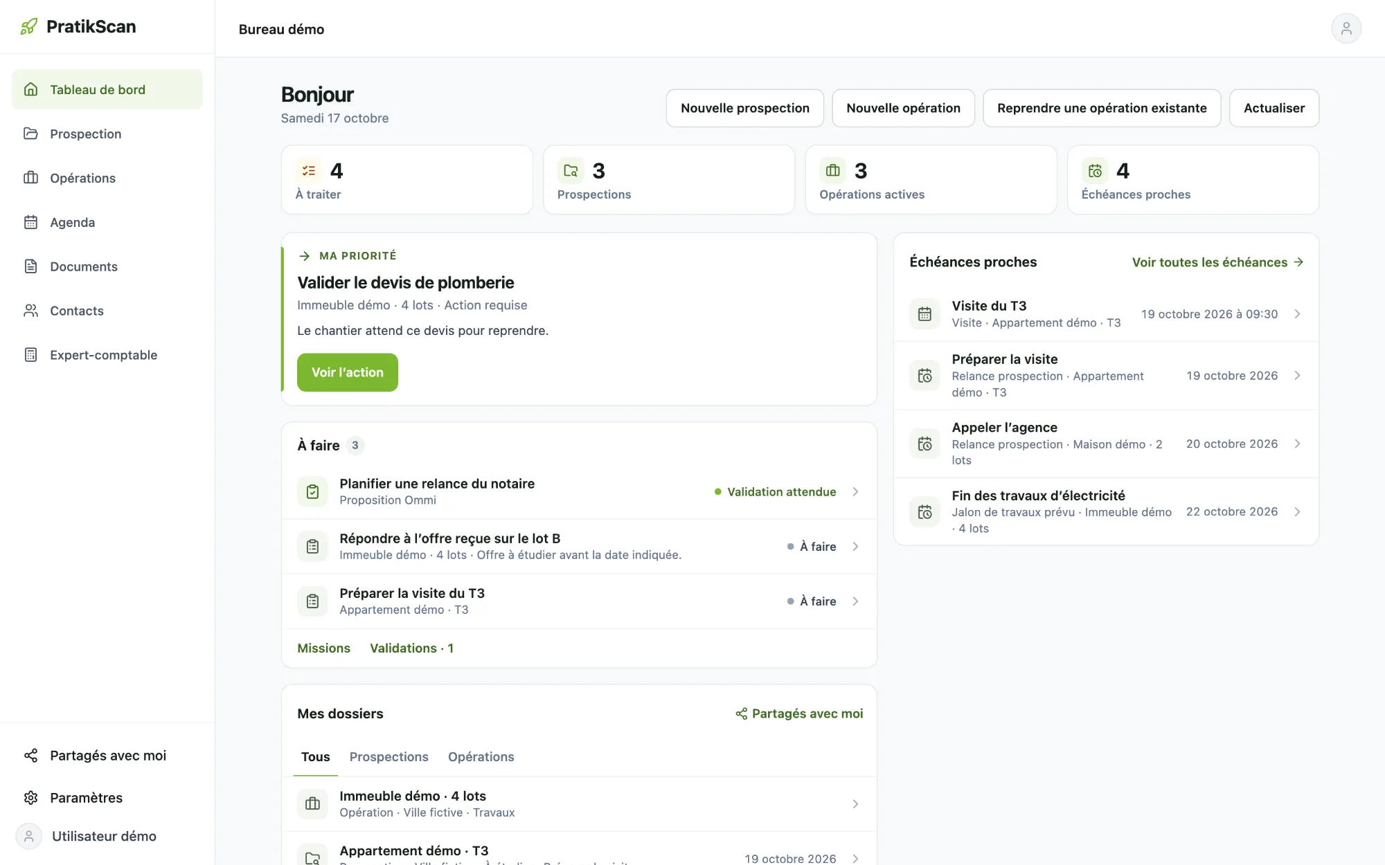 Accueil du Bureau PratikScan MDB : priorité du moment, actions à faire, dossiers et échéances proches (données fictives)