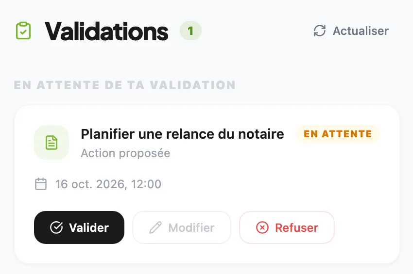 Une action proposée par Ommi, en attente de validation, avec les choix Valider, Modifier et Refuser (données fictives)
